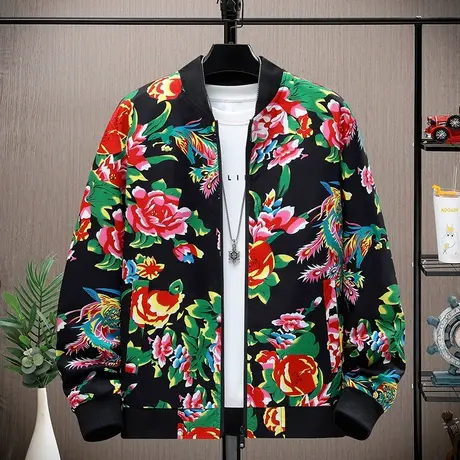 复古东北大花外套中国风国潮痞帅夹克春秋季男士炸街飞行员棒球服图片