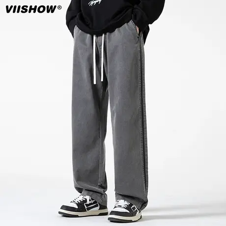 VIISHOW日系宽松百搭抽绳休闲裤子男士春季潮牌黑色直筒长裤男款商品大图