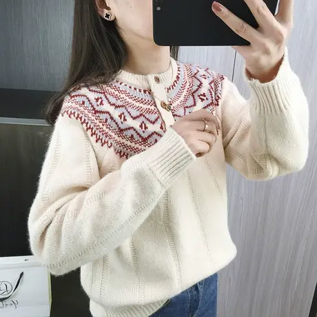 宽松复古圆领针织衫女士春秋季小众套头毛衣2024新款外穿洋气上衣图片