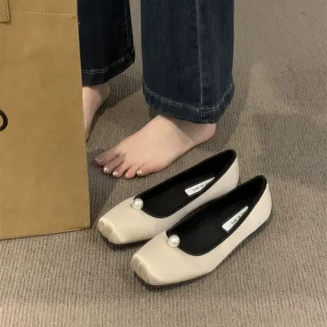 超软超软奶奶鞋女2023年春秋新款法式小众绸缎珍珠小银鞋平底单鞋商品大图