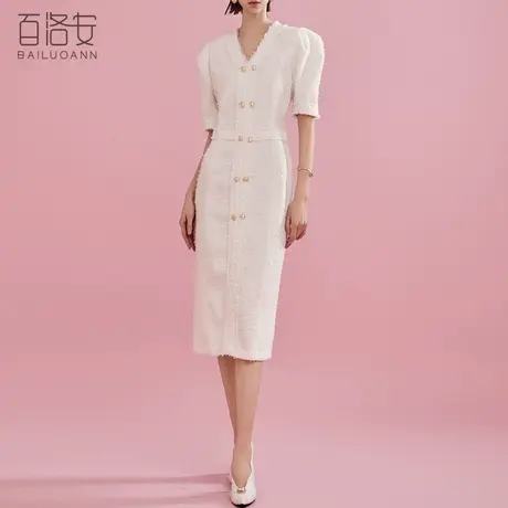 百洛安气质高雅粗花呢小香连衣裙女2024夏装新款时尚收腰中长裙子图片