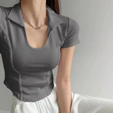 小个子短款u领正肩鱼骨短袖t恤女夏季打底衫内搭韩系chic别致上衣图片