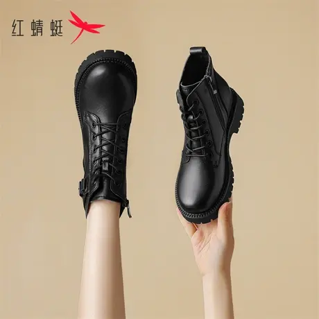红蜻蜓厚底短靴女2023新款秋季女士黑色马丁靴妈妈款靴子真皮女靴商品大图