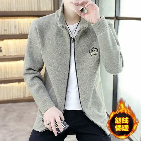 秋冬加绒加厚夹克男潮牌针织开衫帅气休闲保暖一体绒男装毛衣外套商品大图