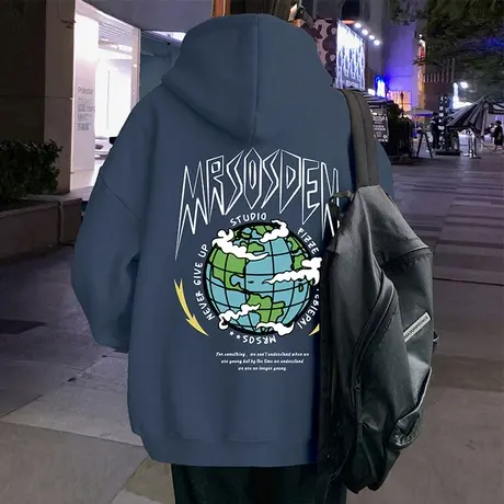 纯棉连帽卫衣男春秋季潮牌宽松地球印花套头上衣情侣帽衫休闲外套商品大图