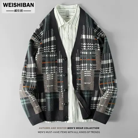 男士慵懒风色织提花格纹毛衣开衫美式休闲春秋季学院风针织衫外套商品大图