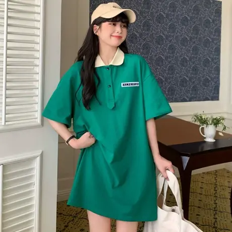 大码女装夏季胖MM设计感小众宽松短袖t恤女中长款POLO衫上衣200斤图片
