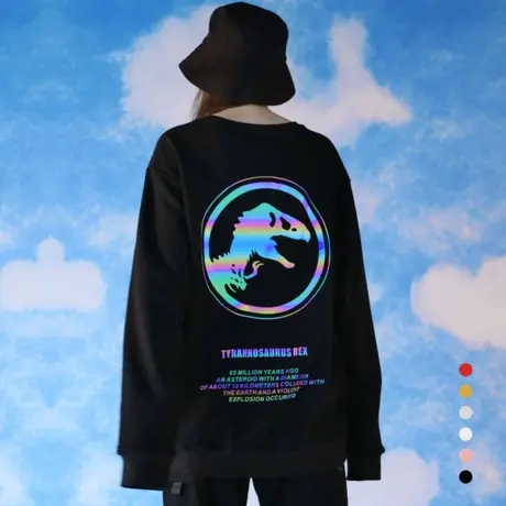 chic港味上衣秋冬新款情侣装卫衣女男宽松反光动物图案黑色打底衫商品大图