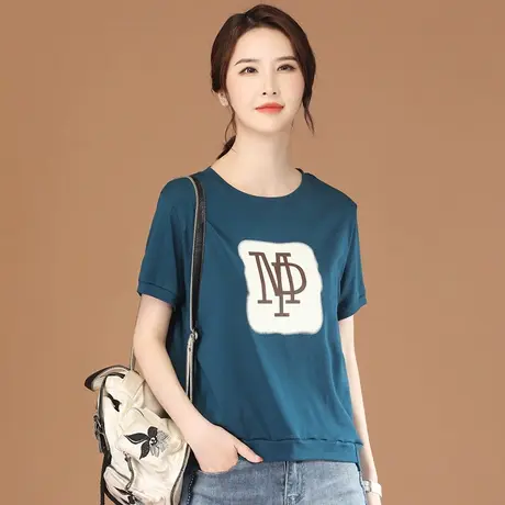 韩潮袭人圆领印花短袖白色T恤女2023夏季新款胖mm正肩体恤衫上衣商品大图