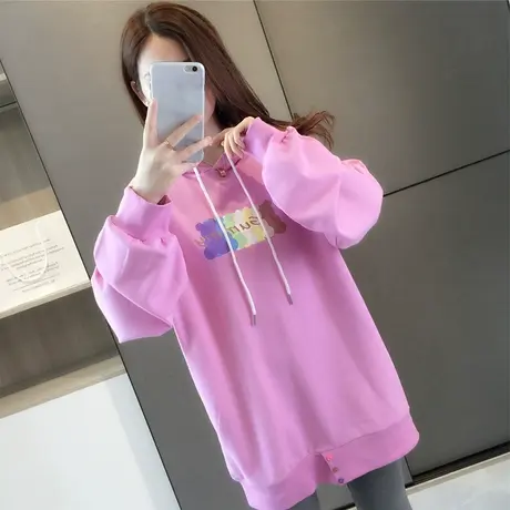 中长款连帽字母卫衣女2023新款韩版春装宽松上衣百搭慵懒外套纽扣商品大图