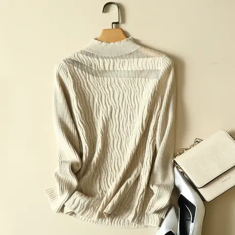 半高领毛衣女洋气网纱拼接针织衫女士性感秋冬透视树皮提花打底衫商品大图