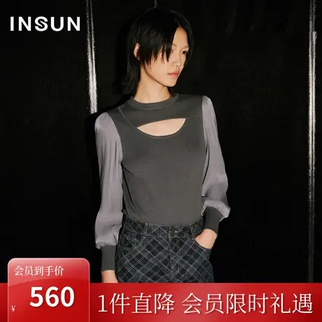 恩裳COVER2023秋季新款时尚交叉开口设计拼接蝴蝶纱泡泡袖上衣商品大图