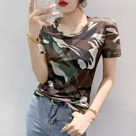 时尚迷彩印花T恤女短袖2023夏装新款气质网纱小衫修身圆领上衣潮商品大图