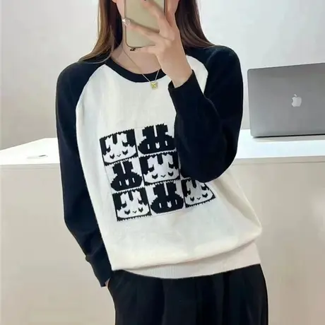 圆领拼色兔子套头针织衫2023秋季新款长袖t恤内搭打底衫洋气百搭图片