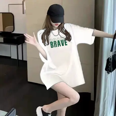 纯棉白色短袖t恤女休闲简约韩版宽松字母上衣大码中长款2023夏季图片