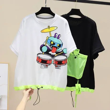 2023夏季新款T恤衫卡通印花抽绳潮牌上衣小个子宽松后背口袋t恤潮图片