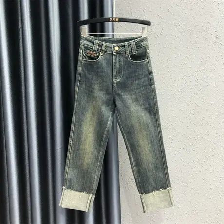 2023秋季新款个性贴标弹力翻边烟管裤女修身显瘦牛仔九分直筒裤女商品大图