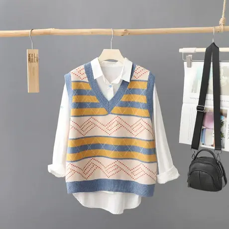 秋装新款女装提花条纹针织背心气质高级感休闲宽松马甲毛坎肩毛衣图片