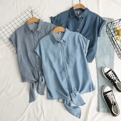 竖条纹短袖天丝牛仔衬衫女夏季薄款宽松大码衬衣韩版下摆打结上衣商品大图