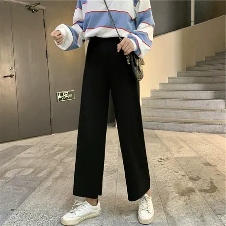 高腰休闲裤女秋冬新款2023韩版ins直筒宽松九分阔腿黑色裤子加绒商品大图