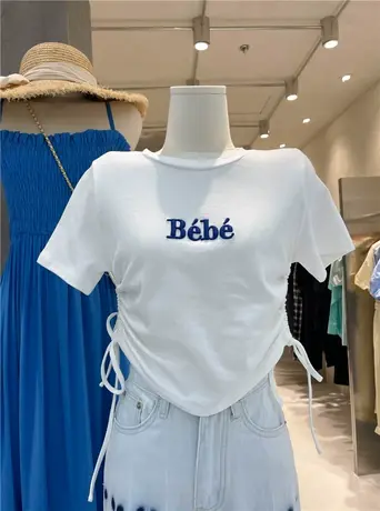 短袖t恤女2021夏季新款韩版ins潮刺绣字母褶皱抽绳设计感短款上衣商品大图