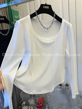 双线一字领U领长袖T恤洋气打底衫上衣女气质修身显瘦2023春季新款图片