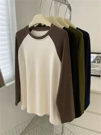 拼色插肩袖德绒大版T恤2023秋冬加厚磨毛宽松圆领长袖女士打底衫商品大图