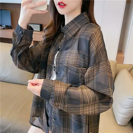 衬衫防晒衣女2023新款夏季宽松大码冰丝薄款透气条纹格子开衫外套商品大图