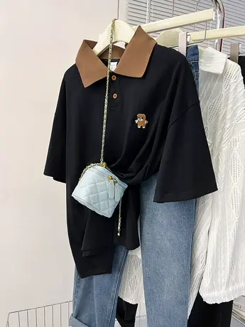 纯棉黑色设计感polo领短袖t恤女夏季新款小众美式复古宽松上衣潮商品大图