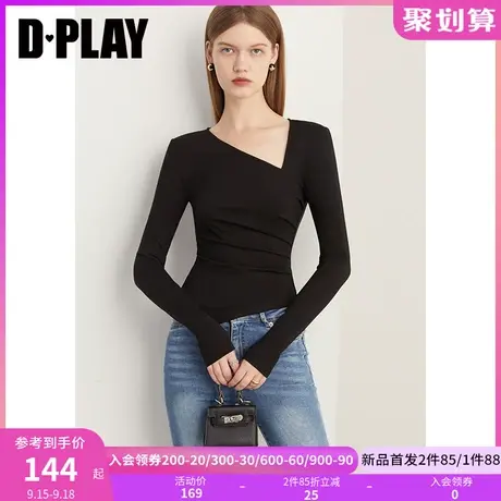 DPLAY2023秋设计感黑色美背不对称斜领捏褶弹力修身长袖上衣小衫商品大图
