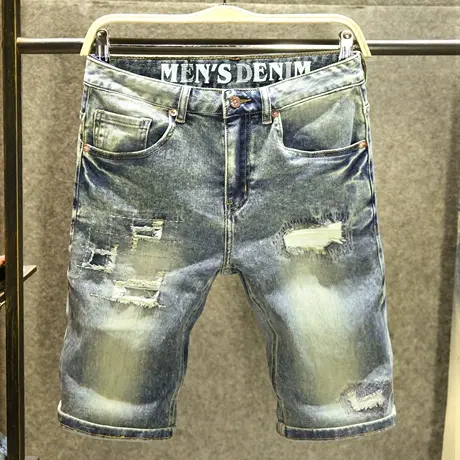 美式复古怀旧牛仔五分裤潮牌破洞补丁短裤男款夏季时尚耐磨中裤子商品大图