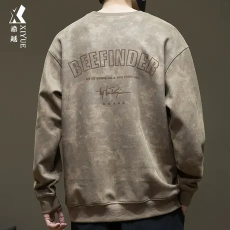 云染后背字母印花卫衣男麂皮绒特大码胖哥秋季加肥加大重磅打底衫图片