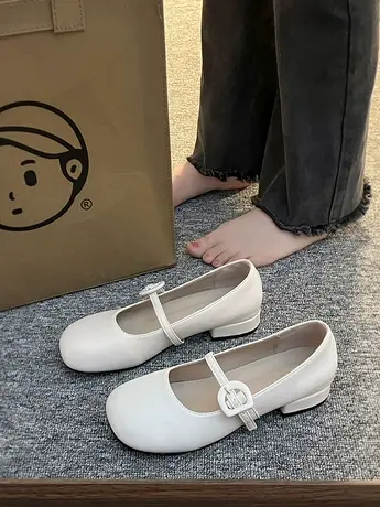 玛丽珍女鞋夏季浅口配裙子小皮鞋2023新款低跟方跟法式温柔风单鞋图片