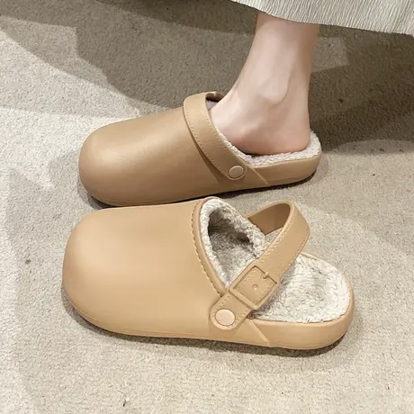 包头洞洞鞋女加绒保暖外穿防水2023新款春秋季一脚蹬两穿毛毛棉拖图片