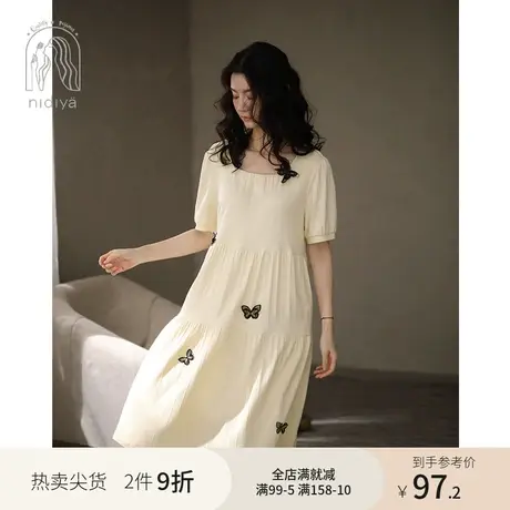 妮狄娅睡衣睡裙女夏棉质感短袖方领宽松大码甜美蝴蝶少女家居服商品大图