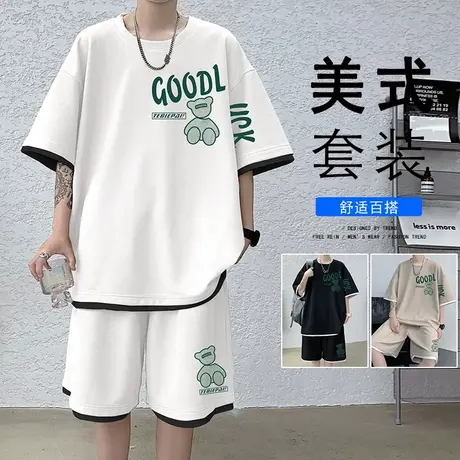 套装男夏季薄款短袖T恤运动短裤两件套男生休闲家居服宽松潮流ins商品大图