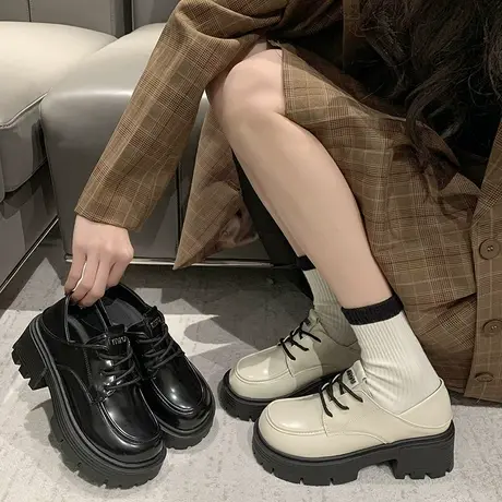 厚底乐福鞋女2024年春秋季新款复古百搭粗跟单鞋英伦风圆头小皮鞋图片