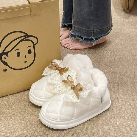 仙女风蕾丝蝴蝶结棉鞋女冬季加绒加厚保暖包跟厚底防滑外穿雪地靴商品大图