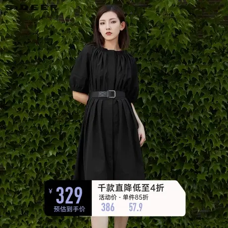 sdeer圣迪奥裙子女夏季圆领收腰风琴褶中袖黑色连衣裙S22261230图片