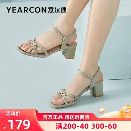 意尔康铆钉凉鞋女时装2023年新款夏季女鞋高跟粗跟女款简约一字带商品大图