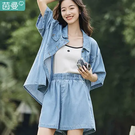 茵曼莱赛尔天丝休闲短袖衬衫牛仔衬衣女装2023夏季新款轻薄款上衣图片