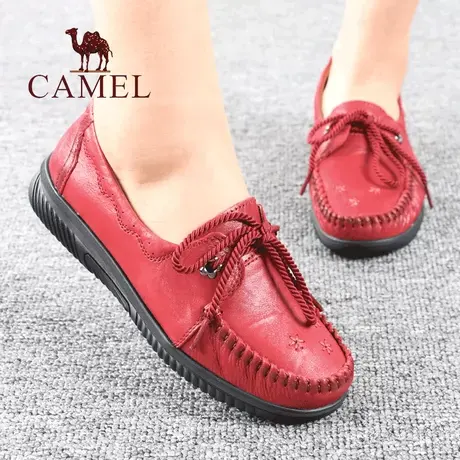 Camel/骆驼女鞋春秋季新款真牛皮口中年舒适软平底休闲妈妈单鞋子图片
