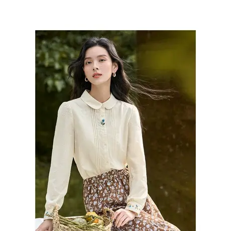 茵曼纯棉文艺刺绣衬衣2023秋女装新款小圆领长袖显瘦百搭提花上衣图片