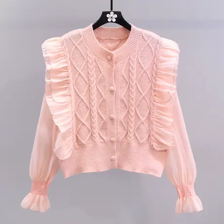 荷叶边蕾丝拼接针织开衫女2023年早春新款宽松设计感洋气毛衣外套图片