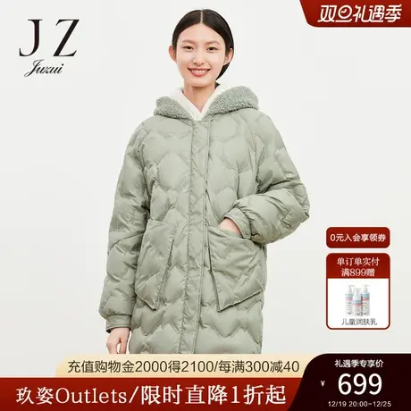 JZ玖姿官方奥莱颗粒绒拼接刺绣浅绿色休闲女中长款羽绒服图片