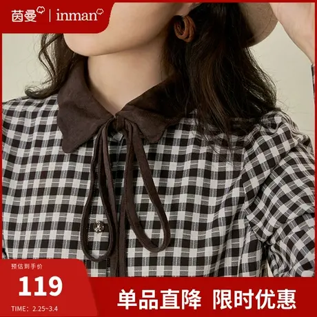 茵曼法式格纹衬衫女2024年春季新款百搭复古宽松尖领系带长袖衬衣图片