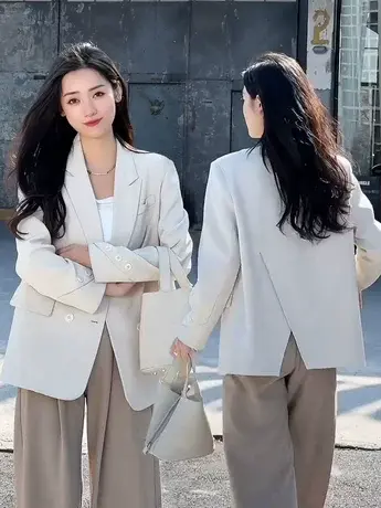 网红小西装外套女2023新款韩版纯色中长款休闲百塔学生西服外套女图片