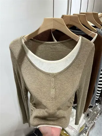 秋装圆领修身套头纯色羊毛弹力软糯褶皱假两件针织长袖小衫上衣女商品大图