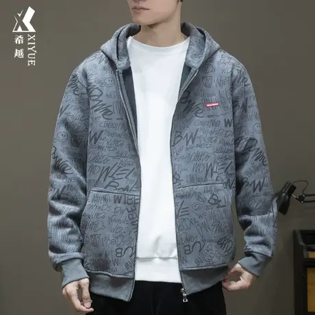 希越麂皮绒满身印花卫衣男秋季宽松大码开衫拉链连帽加绒加厚外套商品大图