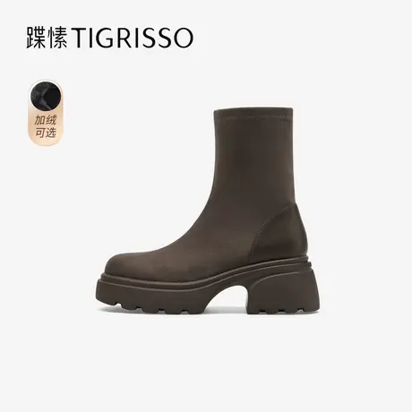 蹀愫冬弹力棕色厚底增高6.5加绒女鞋短靴TA54761-51图片